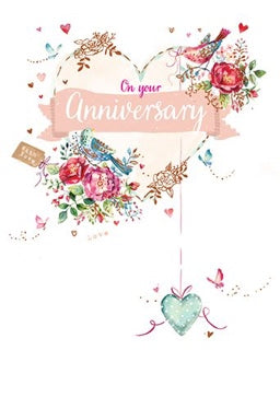 ANNIVERSARY / LOVE BIRDS WITH HANGING HEART GREETING CARD
