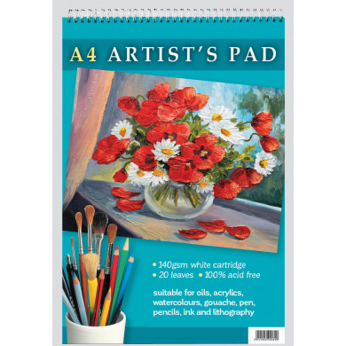 A4 ARTIST'S PAD 140GSM WHITE CARTRIDGE. 20 PAGES. 100% ACID FREE