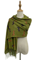 Dachshund Sausage Dog Print Tassel Scarf - Green