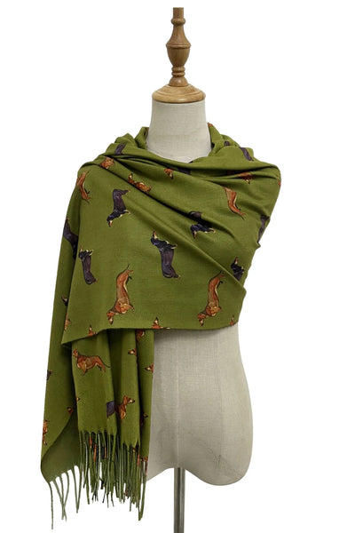 Dachshund Sausage Dog Print Tassel Scarf - Green