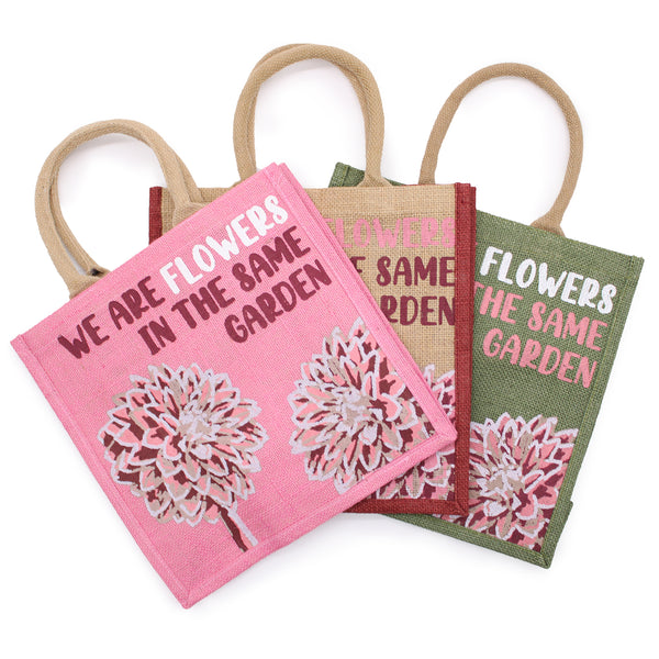 Printed Jute Bag - We are Flowers - Olive, Pink or Natural