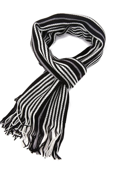 Vertical Stripe Knitted Tassel Unisex Scarf - Black
