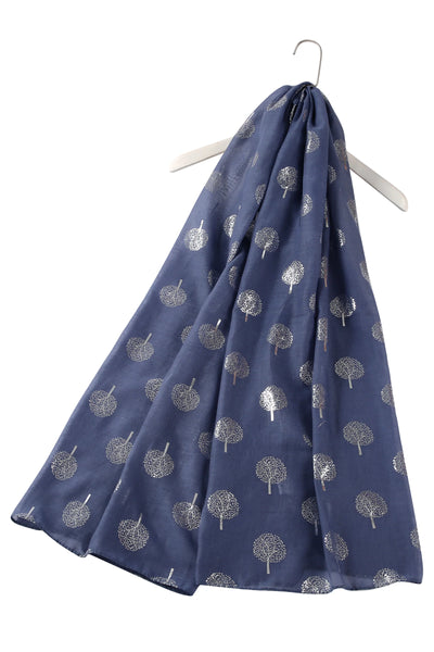 Silver Tree Print Scarf - Navy Blue
