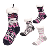 Ladies Fairisle Fleece Lining Socks with Grippers