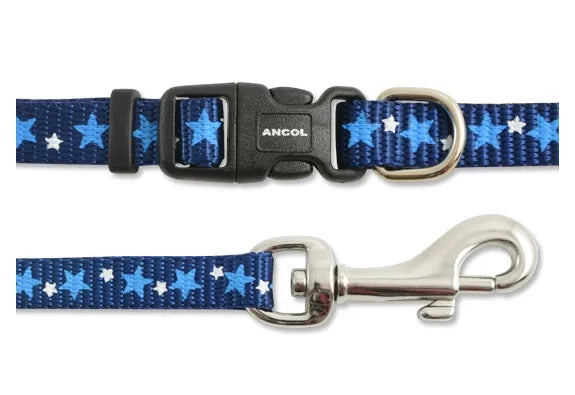 Sml Bite Collar & Lead Set Stars Blue