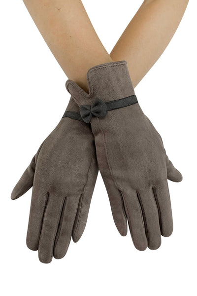 Suede Effect Touchscreen Gloves With Contrast Bow - Grey