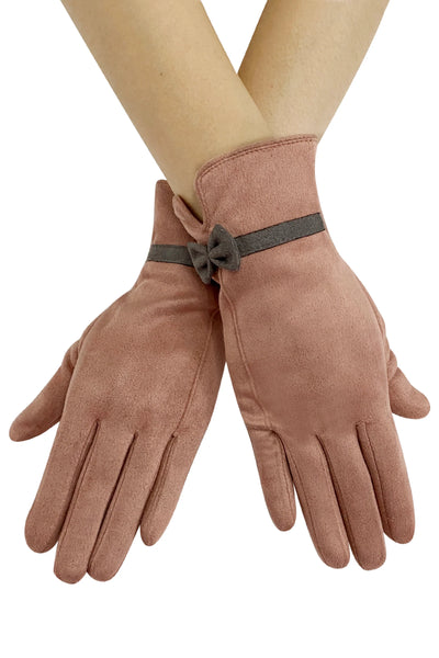Suede Effect Touchscreen Gloves With Contrast Bow - Pink