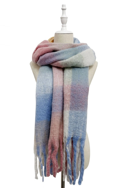 Multi Check Print Wool Tassel Scarf - Pink/Blue/Off White