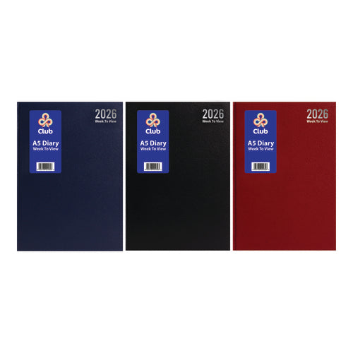 CLUB 2026 A5 WEEK TO VIEW HARD COVER DIARY WITH RIBBON (3 ASSORTED COLOURS)