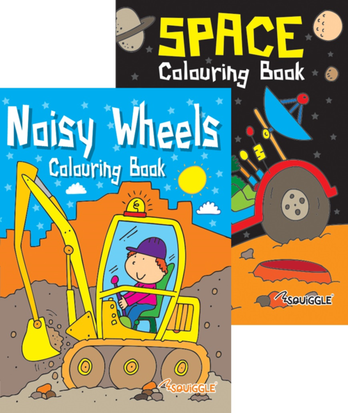 SPACE & NOISY WHEELS COLOURING BOOK