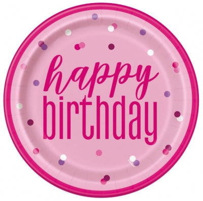Glitz Pink & Silver Happy Birthday 9" Plates 8 Pack
