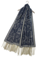 Cute Dog & Love Heart Reversible Print Tassel Scarf - Denim