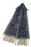Cute Dog & Love Heart Reversible Print Tassel Scarf - Denim
