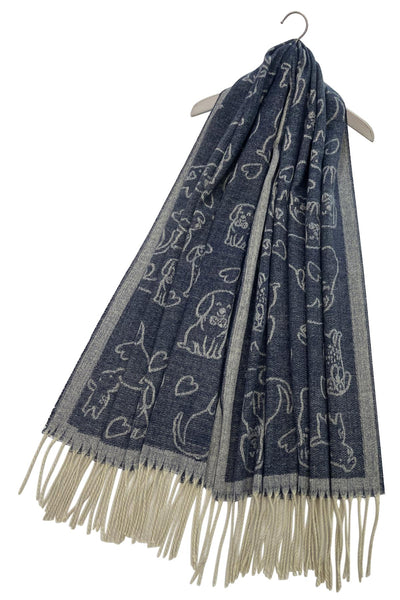 Cute Dog & Love Heart Reversible Print Tassel Scarf - Denim