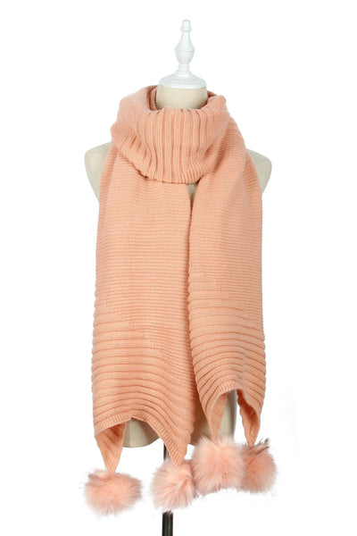 Plain Knitted Double Pom Pom Scarf - Baby Pink
