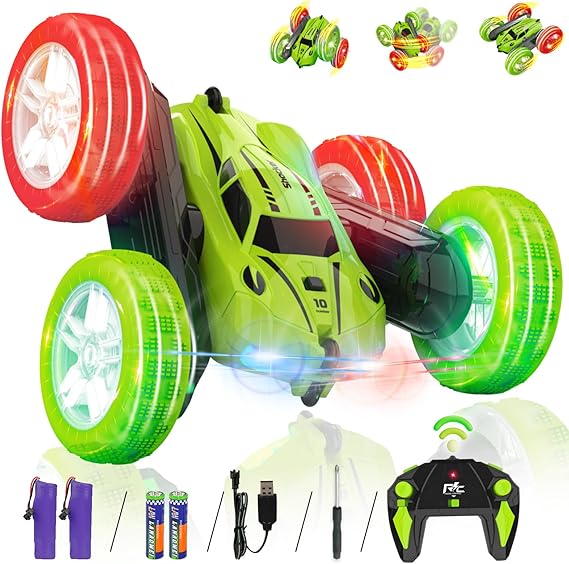 Panamalar Remote Control Cars, 2.4Ghz RC Stunt Car Toy for Kids, 360 Rotation RC Car Double Side Flip Driving with LED Wheels Light/Headlight, 4WD Off-road Race Car for Boys Girls Gift Christmas-Green