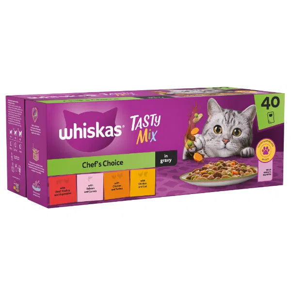 WHISKAS 1+ Chef's Choice Mix Adult Wet Cat Food Pouch in Gravy 40 x 85g