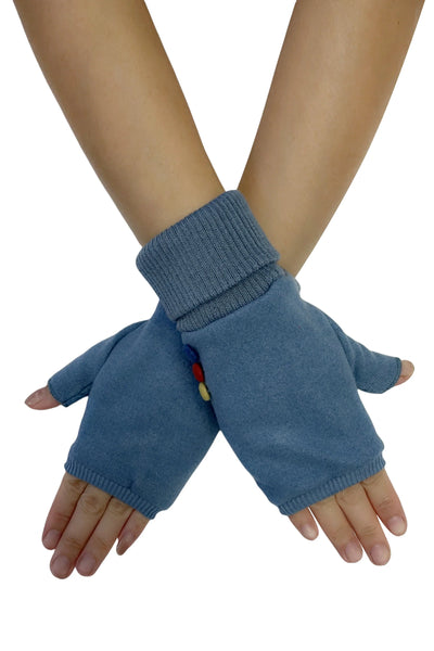 Elasticated Plain Button Fingerless Gloves - Powder Blue