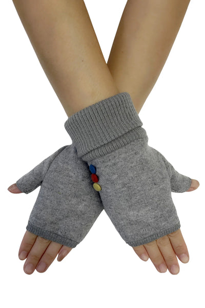 Elasticated Plain Button Fingerless Gloves - Grey