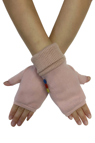 Elasticated Plain Button Fingerless Gloves - Light pink