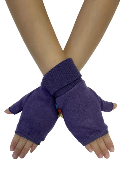Elasticated Plain Button Fingerless Gloves - purple