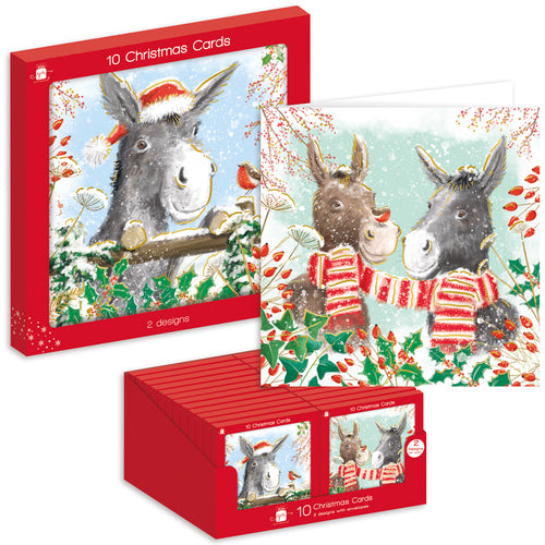 GIFTMAKER 10in BOXED SQUARE CHRISTMAS CARDS (2 DESIGNS) - DONKEYS