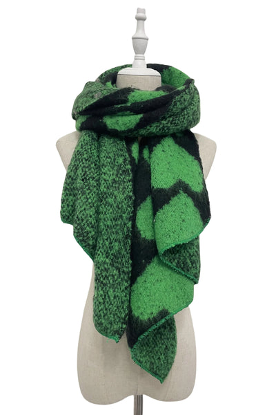 Loveheart Print Diagonal Edge Wool Scarf - Black/Bright Green