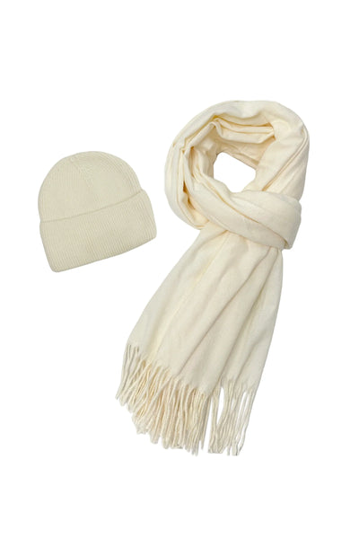 Cosy Plain Tassel Scarf & Hat Set - Off White
