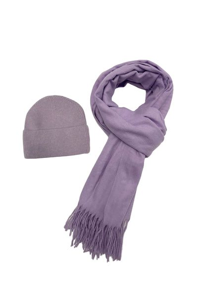 Cosy Plain Tassel Scarf & Hat Set -  Lilac