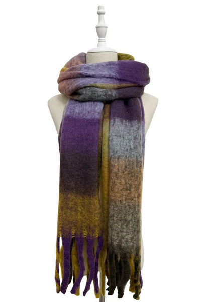 Multi Check Print Wool Tassel Scarf - Brown/Mustard/Purple