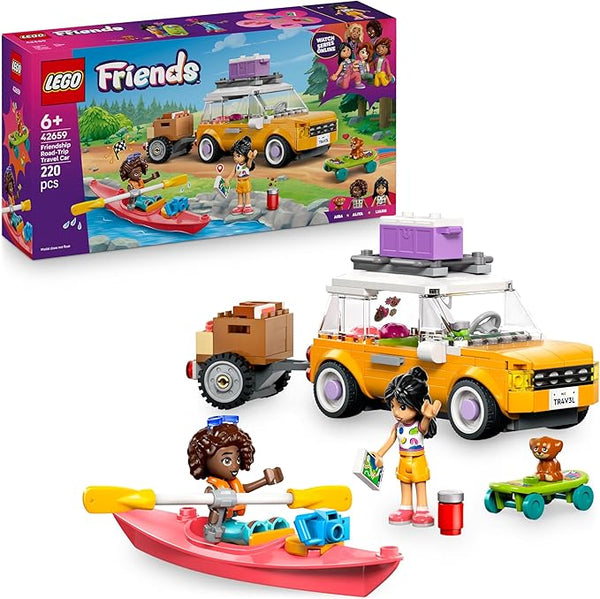 LEGO Friends Friendship Road-Trip Travel Car Toy with Trailer, 2 Mini Dolls, a Pet Dog Figure, Kayak & Fun Accessories incl. a Skateboard & Roller Skates - Building Set for 6+ Year Old Girls - 42659
