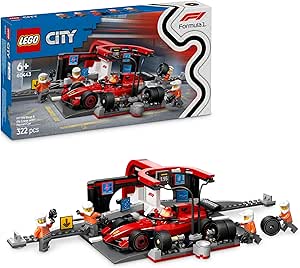 LEGO City F1 Pit Stop & Pit Crew with Ferrari Car Toy - Formula 1 Set incl. a Driver Minifigure, 4 Mechanics, Spare Tyres & Wheel Guns - Building Toys for 6+ Year Old Boys & Girls - 60443