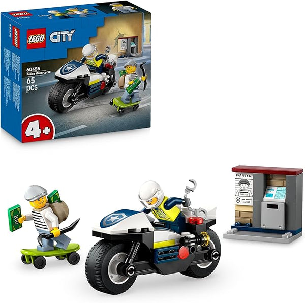 LEGO City Police Motorcycle Chase Set with a Motorbike Toy, 2 Minifigures, Mini-Cash Machine & a Skateboard - Birthday Gift for 4+ Year Old Boys & Girls - 60455