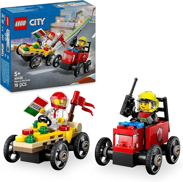 LEGO City Pizza vs. Fire Truck Race Car Pack Toy - Soapbox Car Toys for 5+ Year Old Boys & Girls - Fun Holiday or Birthday Gifts - Vehicle Set Includes 2 Minifigures - 60458