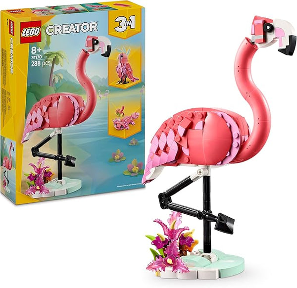LEGO Creator 3in1 Wild Animals: Pink Flamingo Toy - Transforms into a Cockatoo Parrot Figure or Axolotl - Creative Birthday Gift for 8+ Year Old Girls & Boys - 31170
