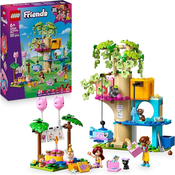 LEGO Friends Cat Birthday Party & Tree House Toy - incl. 2 Mini Dolls & 5 Animal Figures plus a Rotating Table, Pinata & Fun Accessories - Creative Gift for 6+ Year Old Girls - 42666