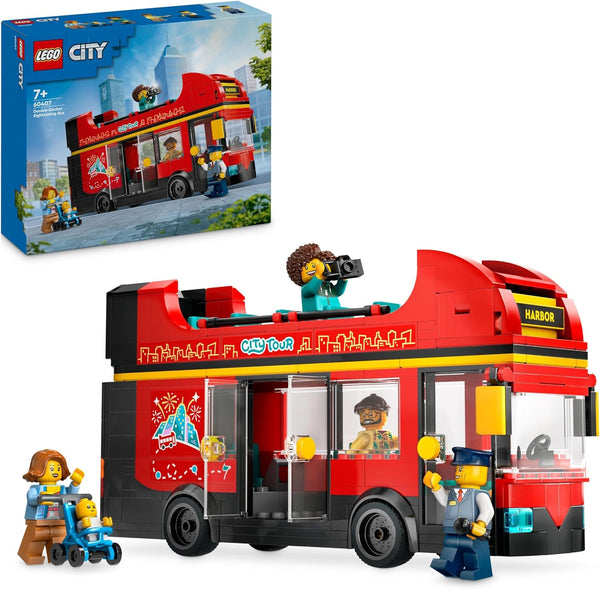 LEGO City Red Double-Decker Sightseeing Bus Toy, Red Vehicle for 7 Plus Year Old Boys & Girls, Creative Set with 5 Minifigures Including a Baby and Buggy, Birthday Gift Idea 60407