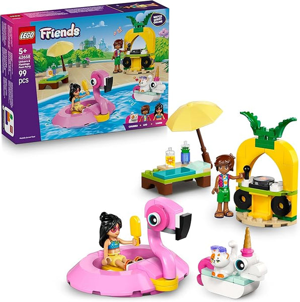 LEGO Friends Unicorn & Flamingo Pool Party Toy with Animal 'Floaties', 2 Mini Dolls, Churro the Cat & Accessories incl. a DJ Booth & Sunbeds - Creative Gift for 5+ Year Old girls - 42658