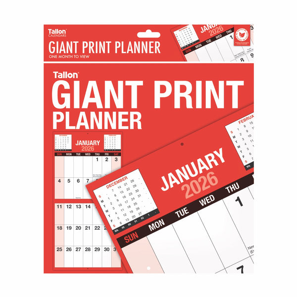 2026 RED & BLACK GIANT PRINT MONTH TO VIEW PLANNER CALENDAR 2026