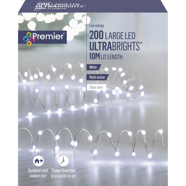 200 Large LED UltraBrights  Silver Wire - White - PK 1