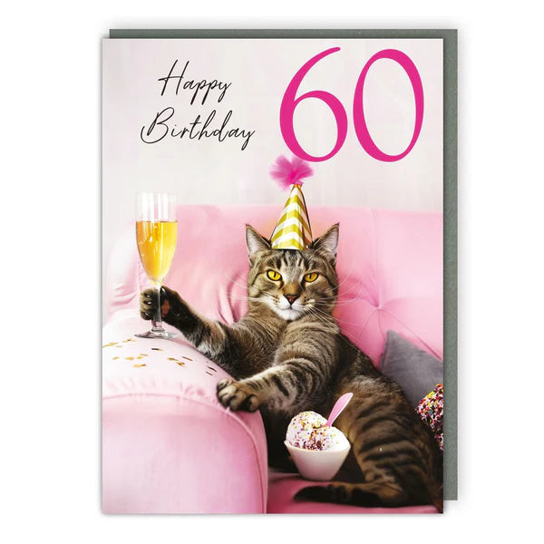 60th Birthday Card - Cat & Champagne