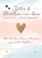 Sister & Husband Anniversary - Peach & Blue Surface Pattern Birthday card