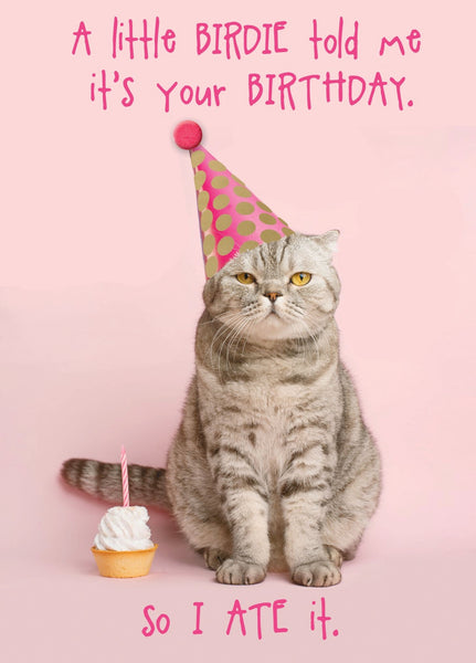 Cat With Party Hat And Cupcake - Greeting Card