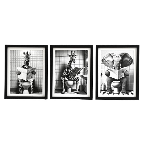 3asst Safari Animal On Toilet Framed Canvas 25cm - PRICE FOR ONE FRAME