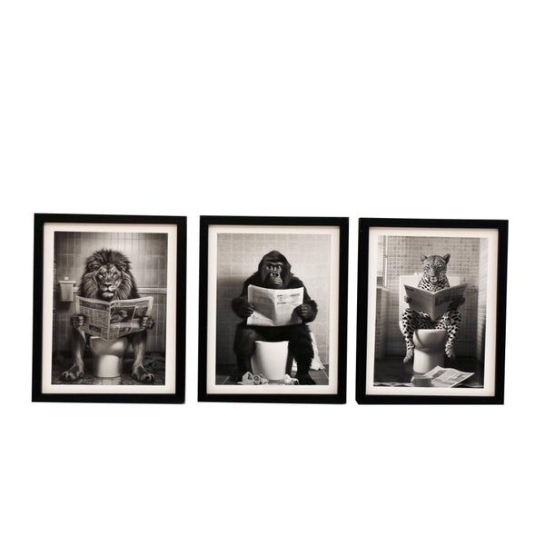 3asst Jungle Animal On Toilet Framed Canvas 25cm- PRICE FOR ONE FRAME