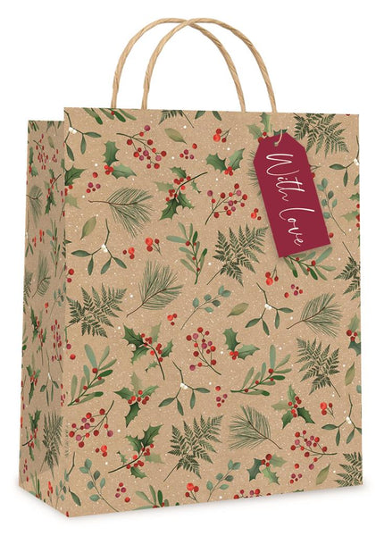 Christmas Gift bag  Kraft Holly Medium ( 18 x 23 x 10cm)