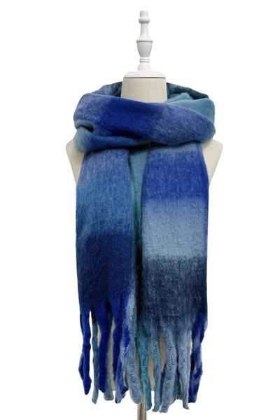 Multi Check Print Wool Tassel Scarf - Blue