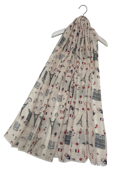 Love Paris City Print Scarf with Frayed Edge - Beige