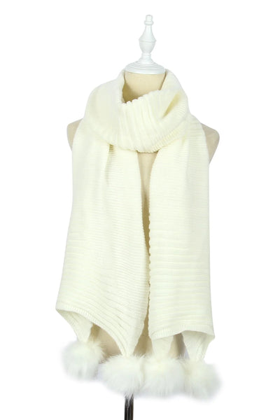 Plain Knitted Double Pom Pom Scarf - White