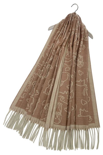 Cute Dog & Love Heart Reversible Print Tassel Scarf - Nude/Pink